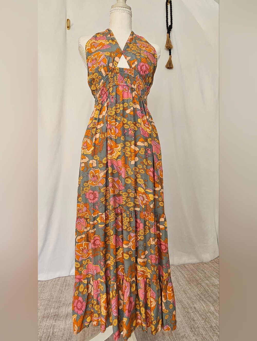 ZESICA Retro Floral Halter Maxi Dress Boho 70s Backless M